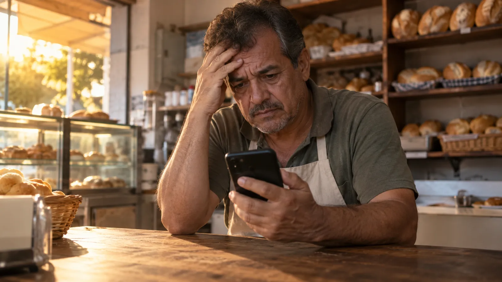 Dono de padaria olhando o celular com expressão preocupada atrás do balcão