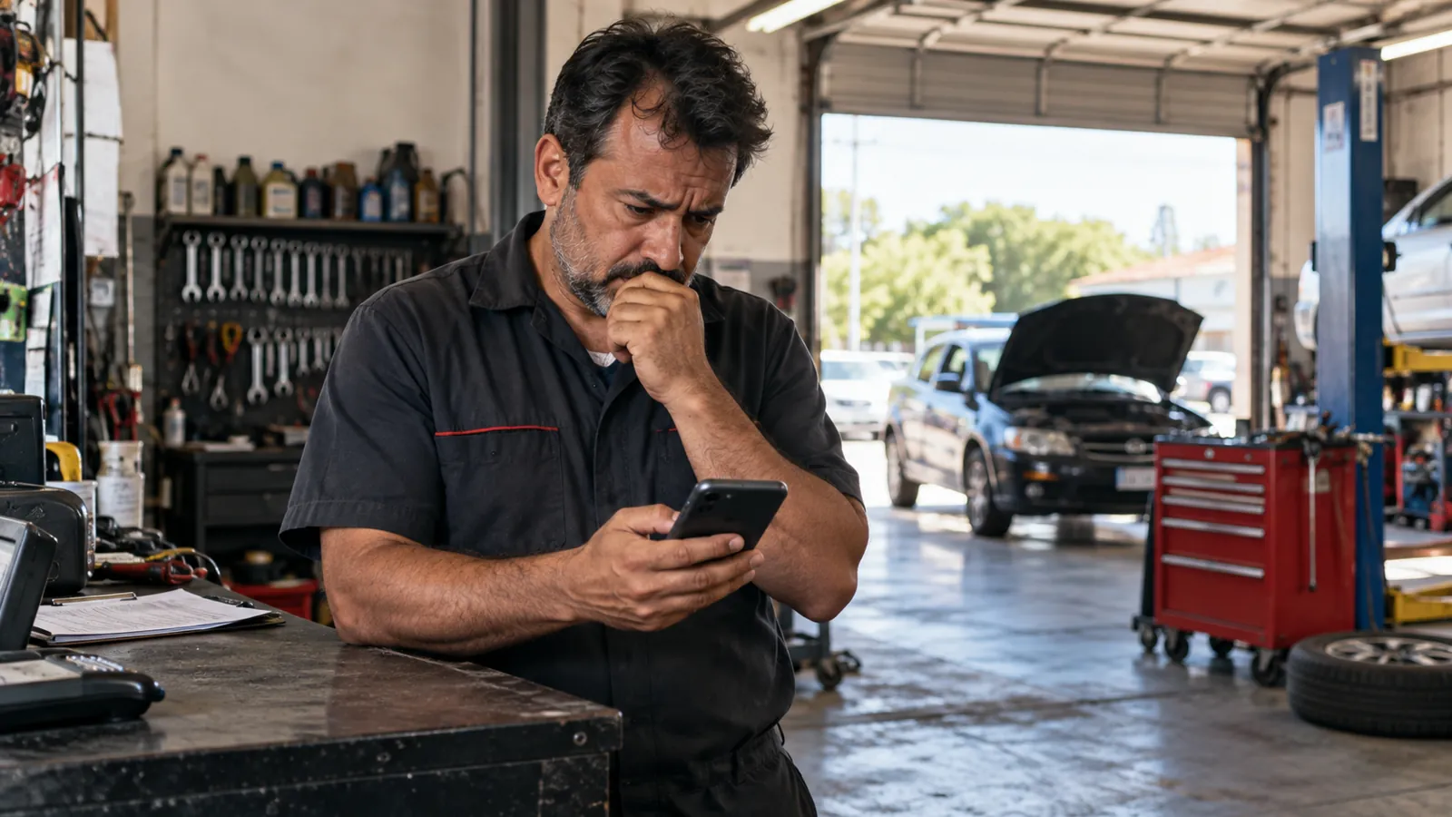 Dono de oficina mecânica preocupado olhando as avaliações da empresa no celular