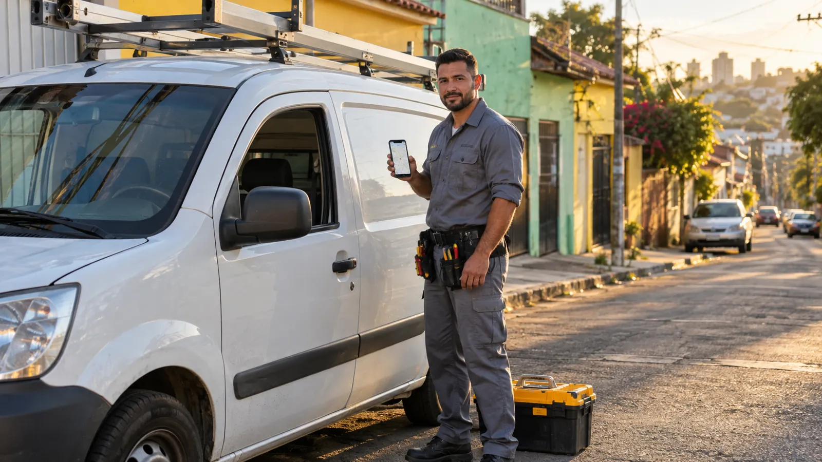 Eletricista ao lado da van consultando o mapa no celular antes de ir até o cliente