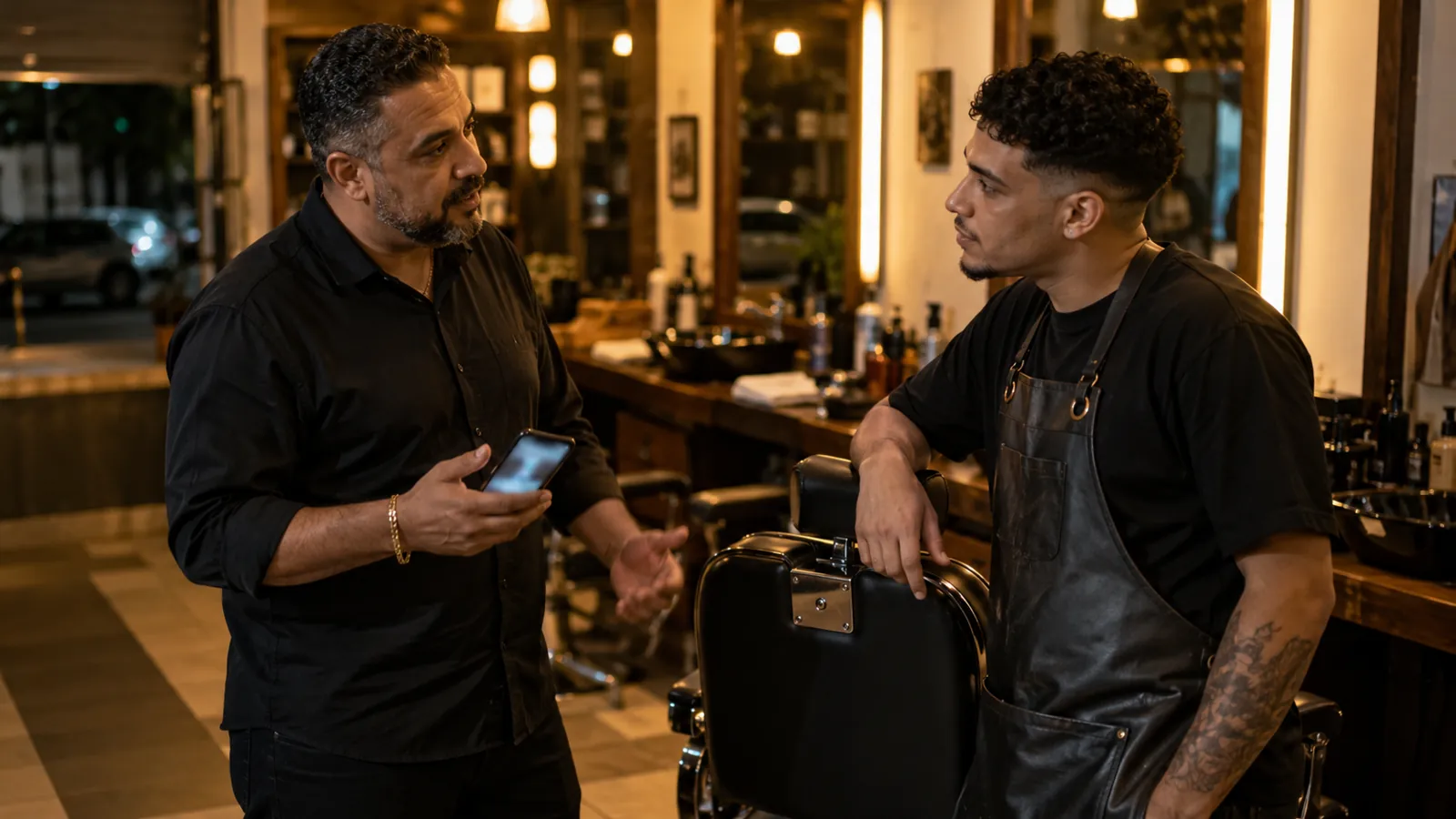 Dono de barbearia conversando com um barbeiro da equipe depois do expediente