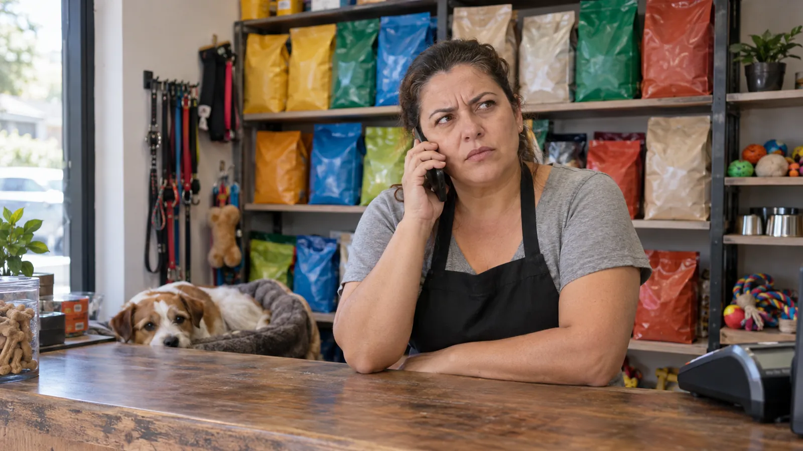 Dona de pet shop desconfiada atendendo uma ligação no balcão da loja