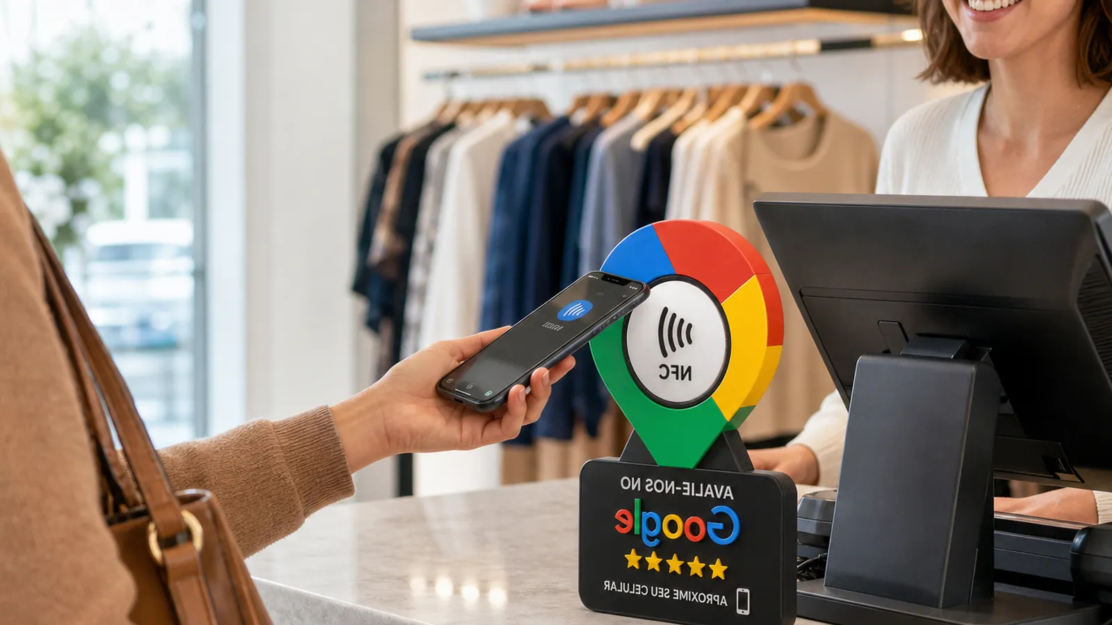 Loja de bairro com vitrine colorida e cliente aproximando o celular de uma placa NFC no caixa