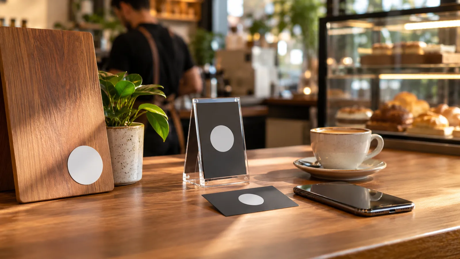 Balcão de café com etiqueta NFC, placa de acrílico e cartão de visita ao lado do celular