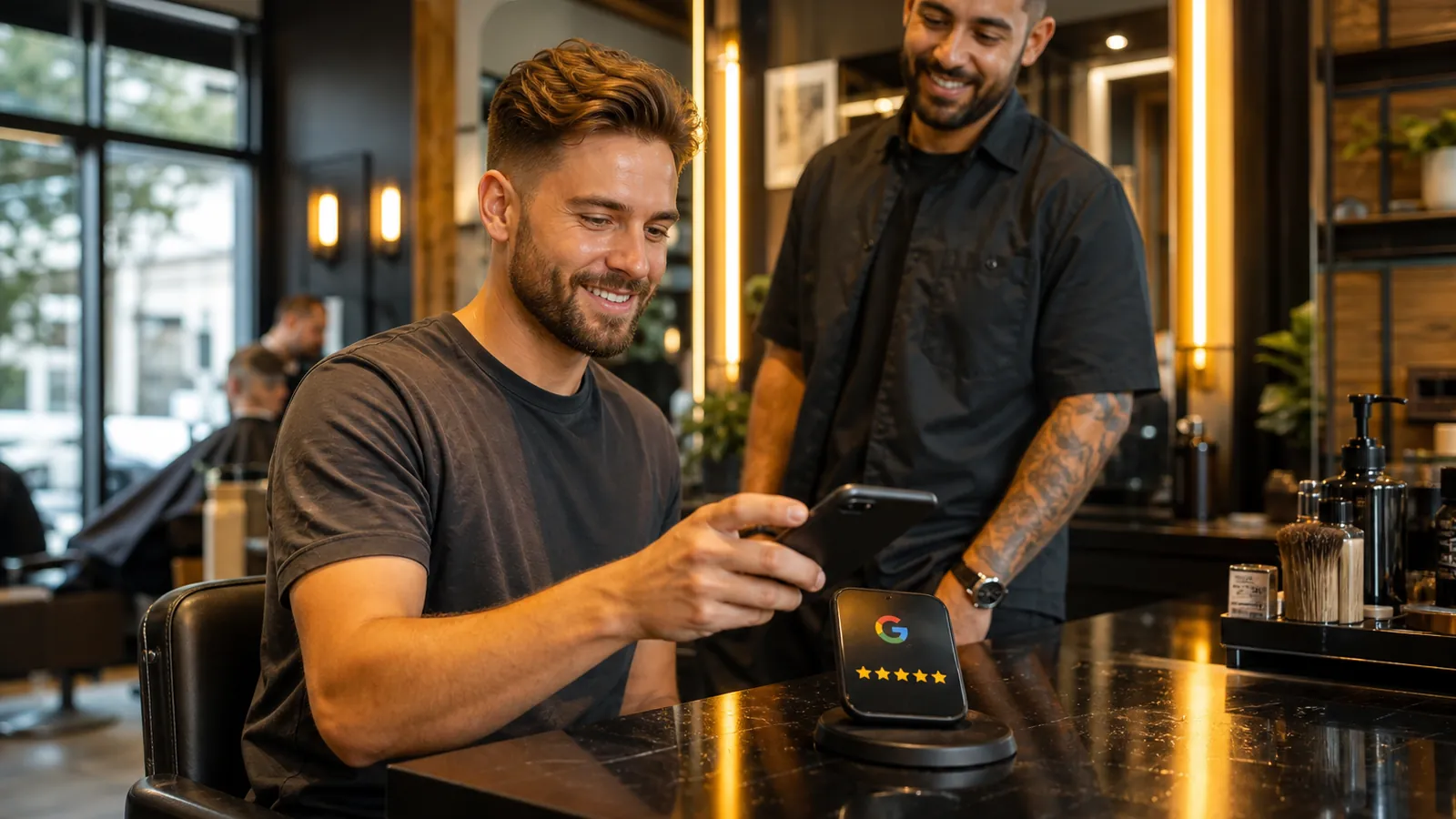 Barbeiro finalizando um corte em barbearia de bairro com placa NFC no balcão