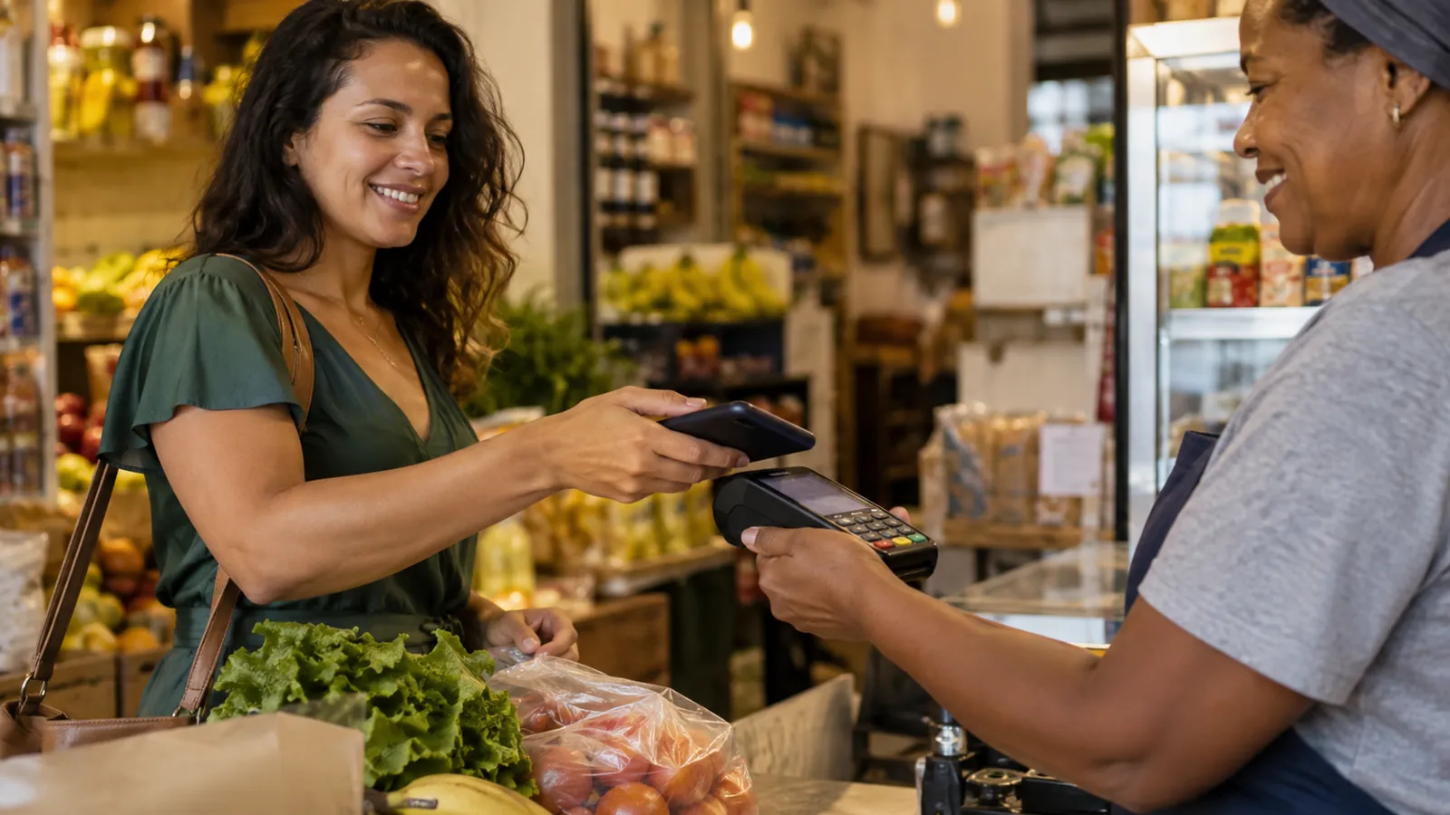 Cliente pagando por aproximação com o celular na maquininha de um mercadinho