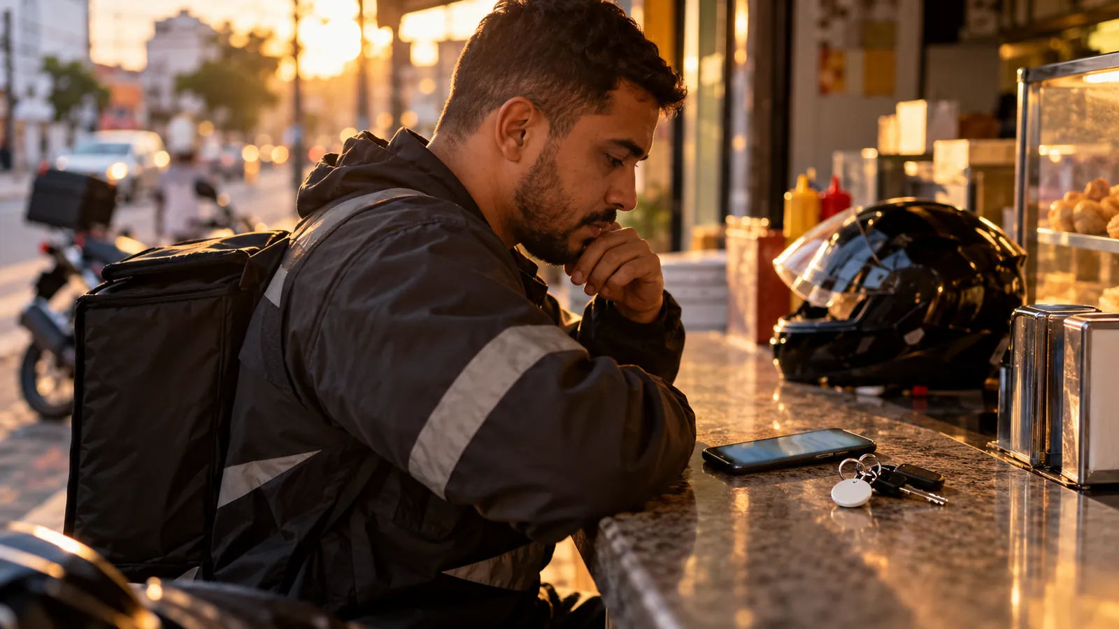 Entregador conferindo a bateria do celular com um chaveiro NFC ao lado