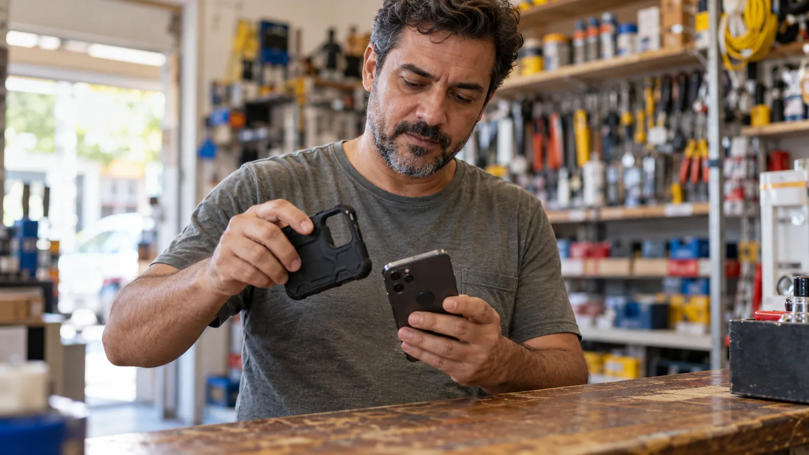 Homem tirando a capinha do celular para testar a leitura NFC em uma loja