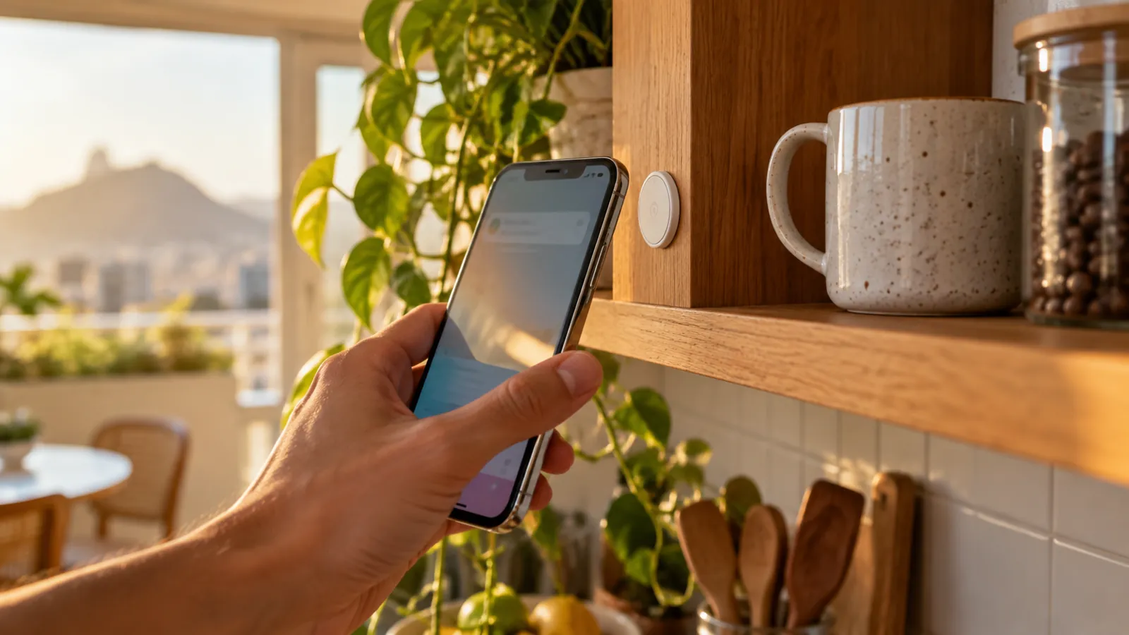 Mão aproximando um iPhone de uma etiqueta NFC colada numa prateleira