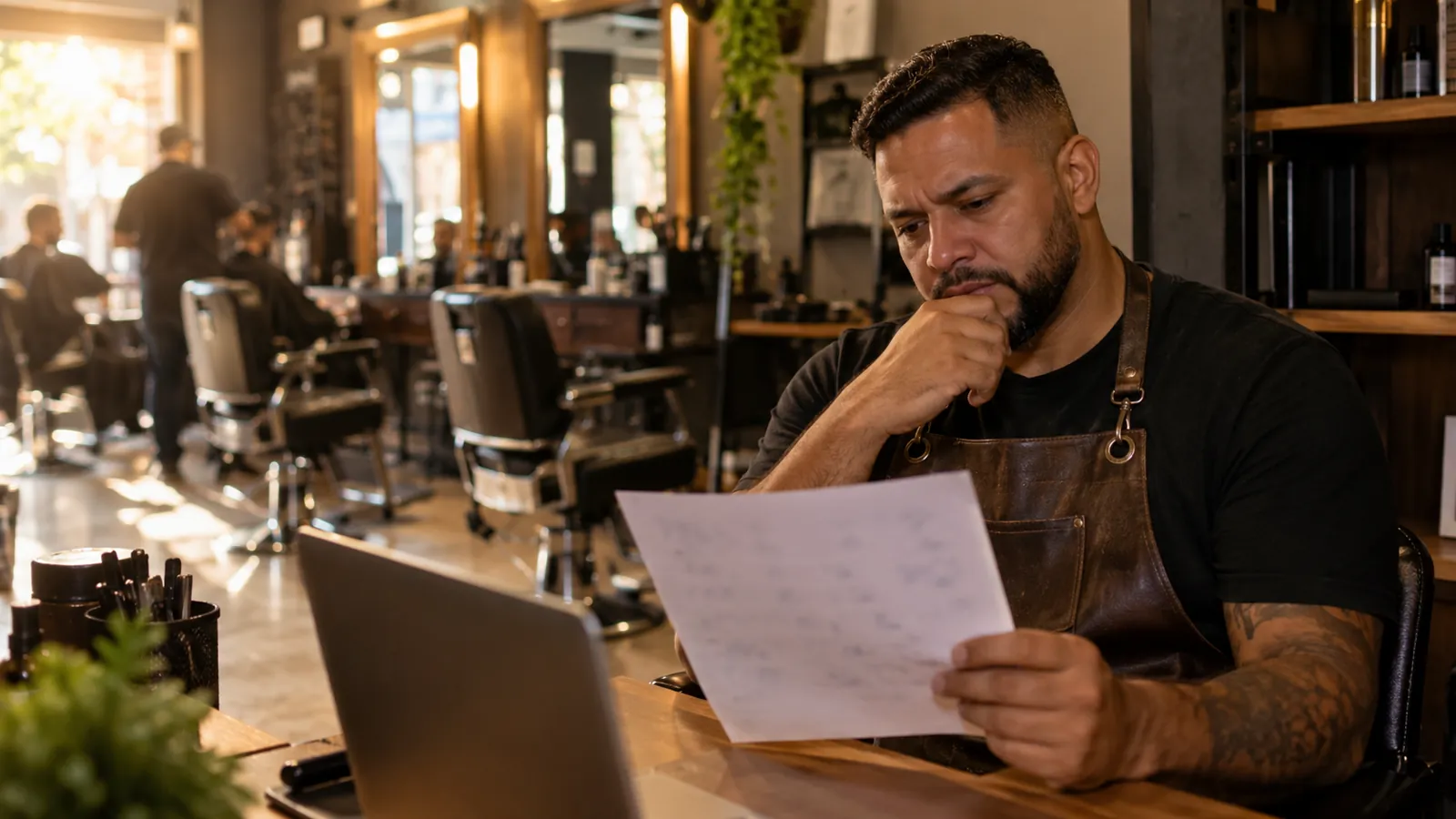 Dono de barbearia analisando resultado de pesquisa com clientes no fundo da loja