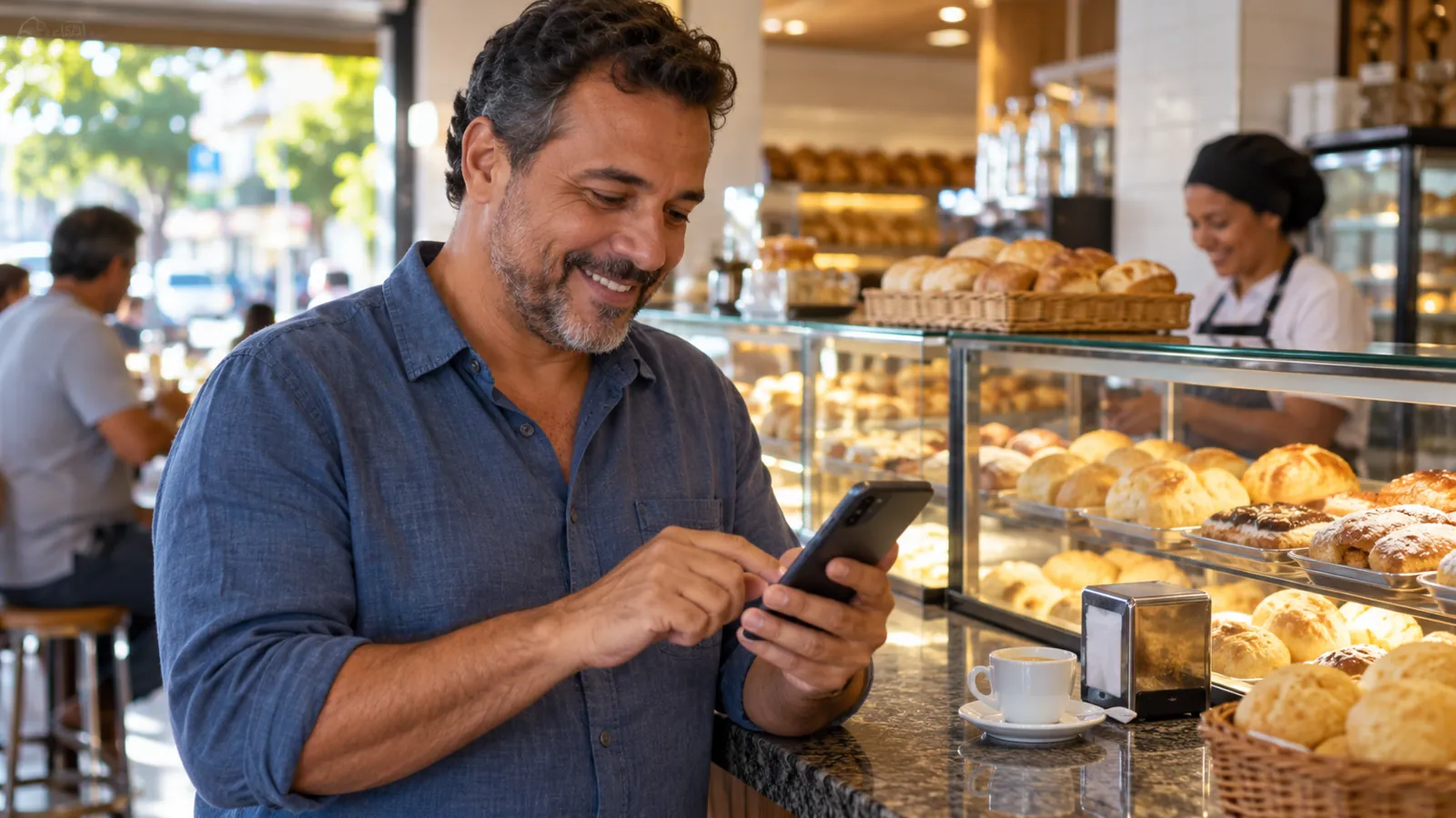 Cliente no balcão de uma padaria escrevendo uma avaliação no celular