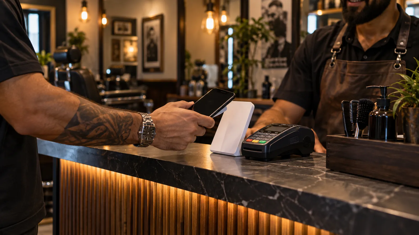 Placa NFC de avaliação ao lado da maquininha de cartão no caixa de uma barbearia