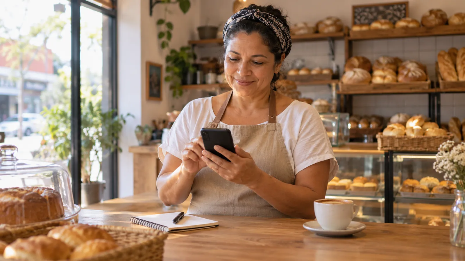 Dona de padaria lendo respostas de clientes no celular atrás do balcão