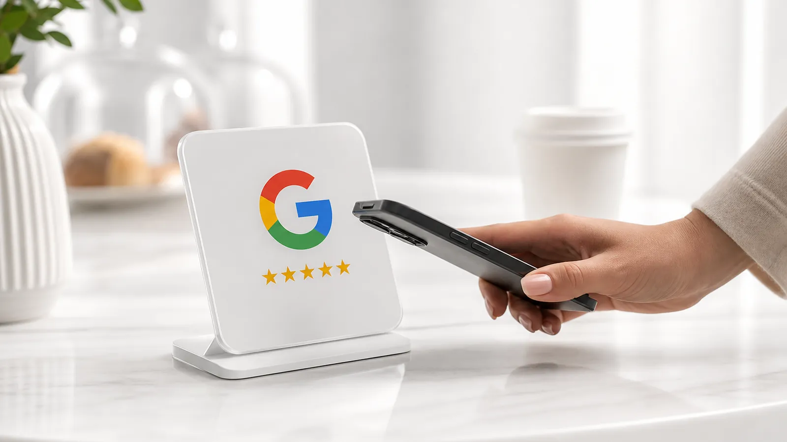 Cliente aproximando o celular de uma placa NFC de avaliação no balcão de uma padaria