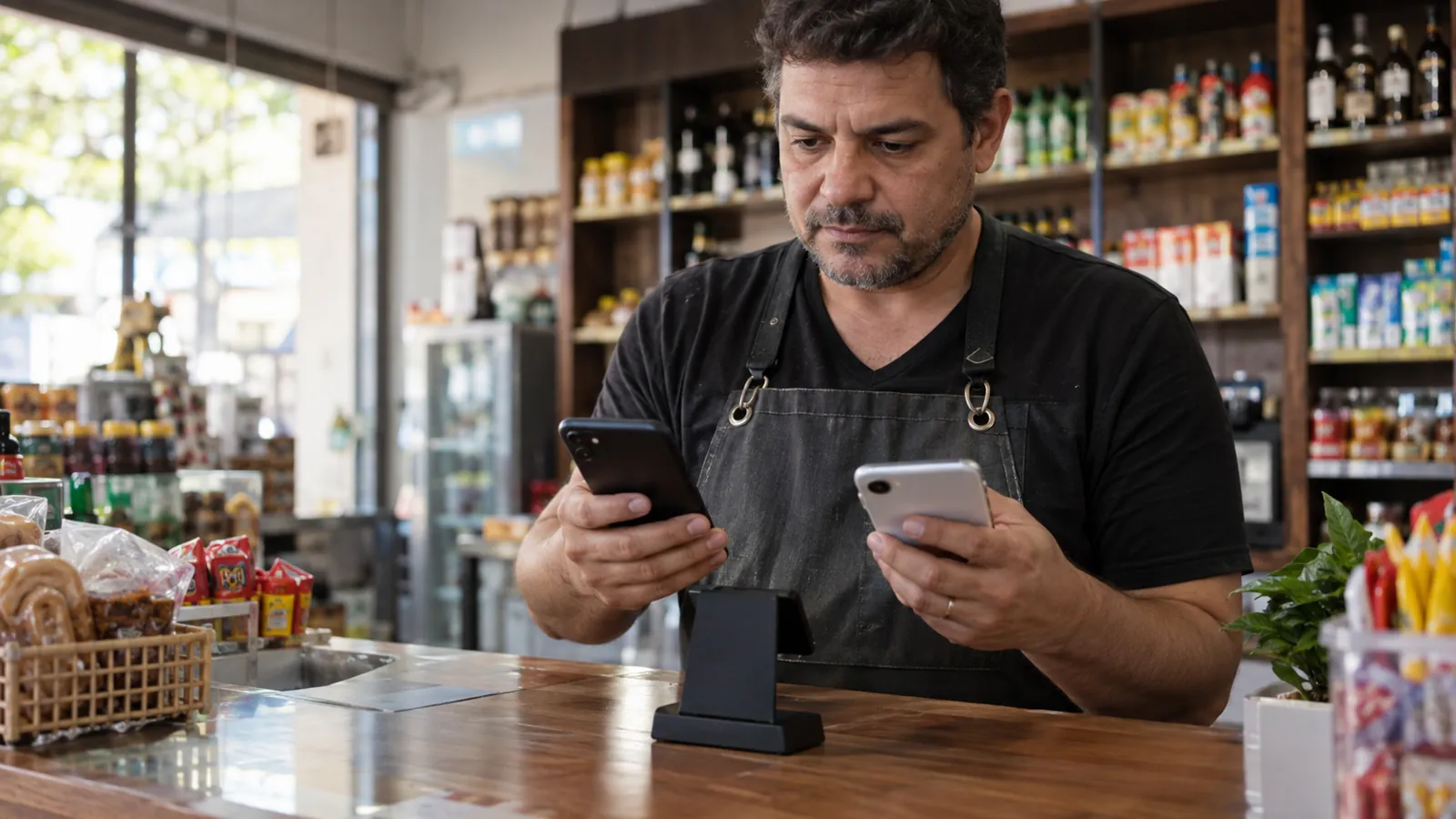 Dono de loja testando uma placa NFC com dois celulares no balcão
