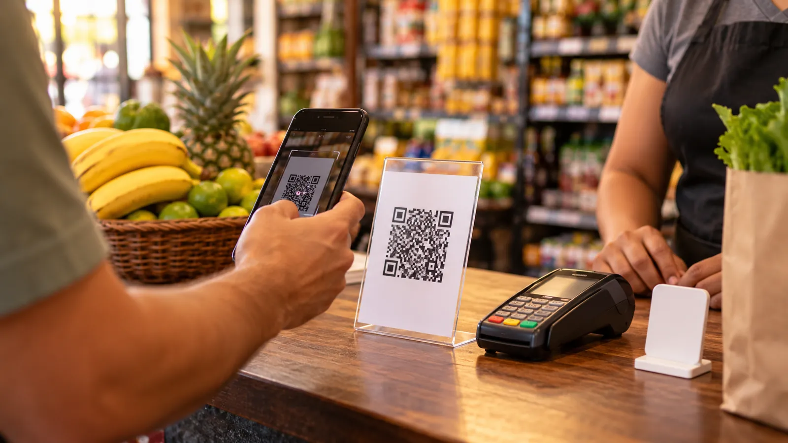 Cliente apontando o celular para um código de pagamento impresso no caixa de um mercadinho