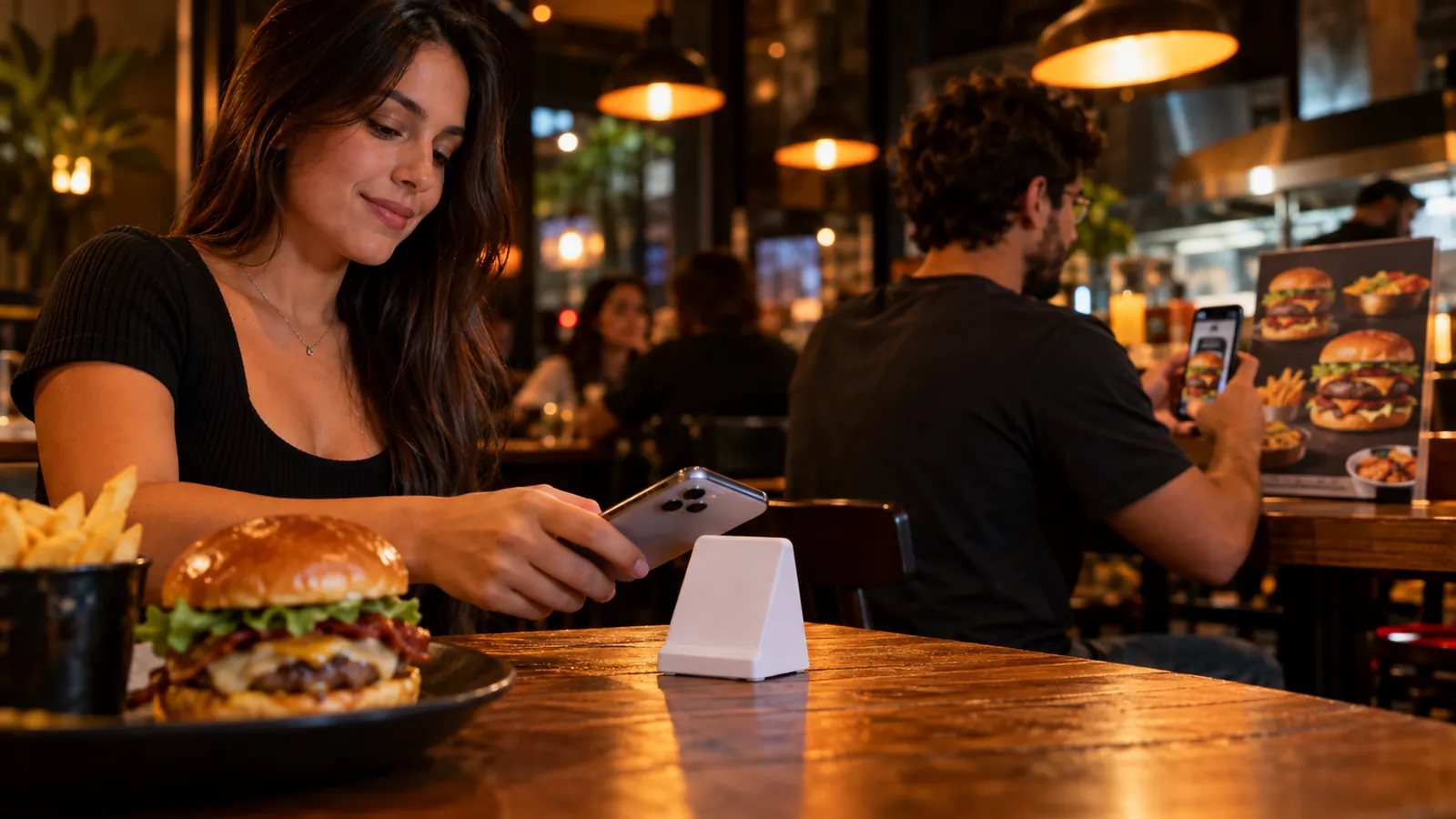 Cliente encostando o celular em uma placa branca na mesa de uma hamburgueria