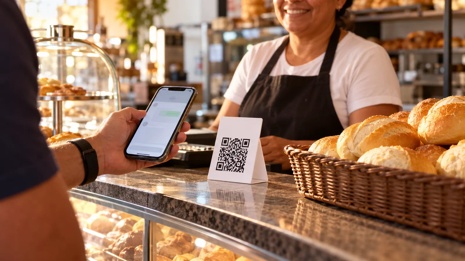 Cliente com o celular na mão no balcão de uma padaria, ao lado de um código impresso