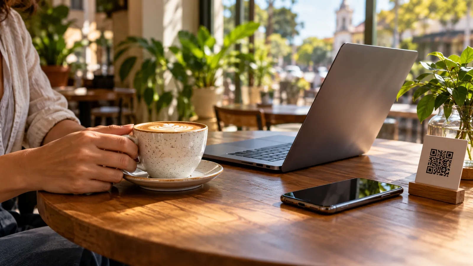 Mesa de cafeteria com café, notebook e um cartão com código impresso para o Wi-Fi