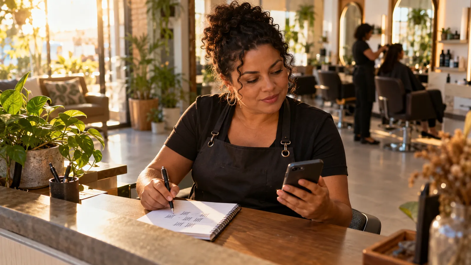 Dona de salão de beleza confere no celular quantas avaliações a empresa tem no Google e anota a meta do mês