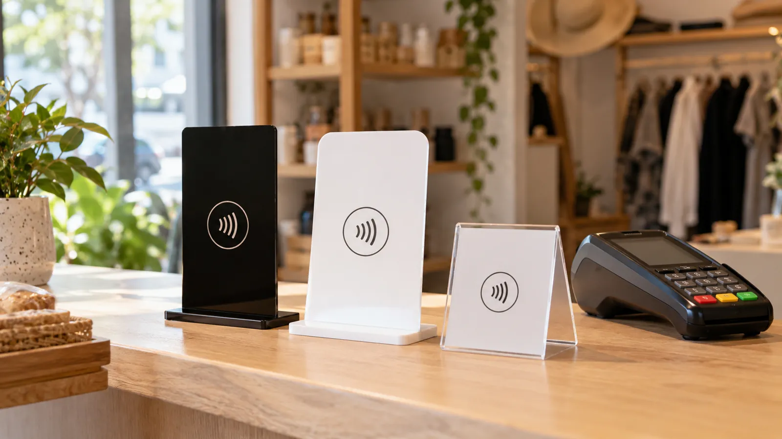Três modelos de placa NFC de avaliação lado a lado no balcão de uma loja