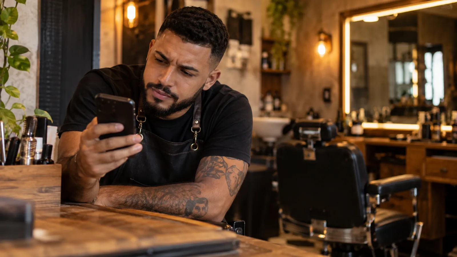 Barbeiro no balcão conferindo no celular se a avaliação de um cliente já apareceu no Google