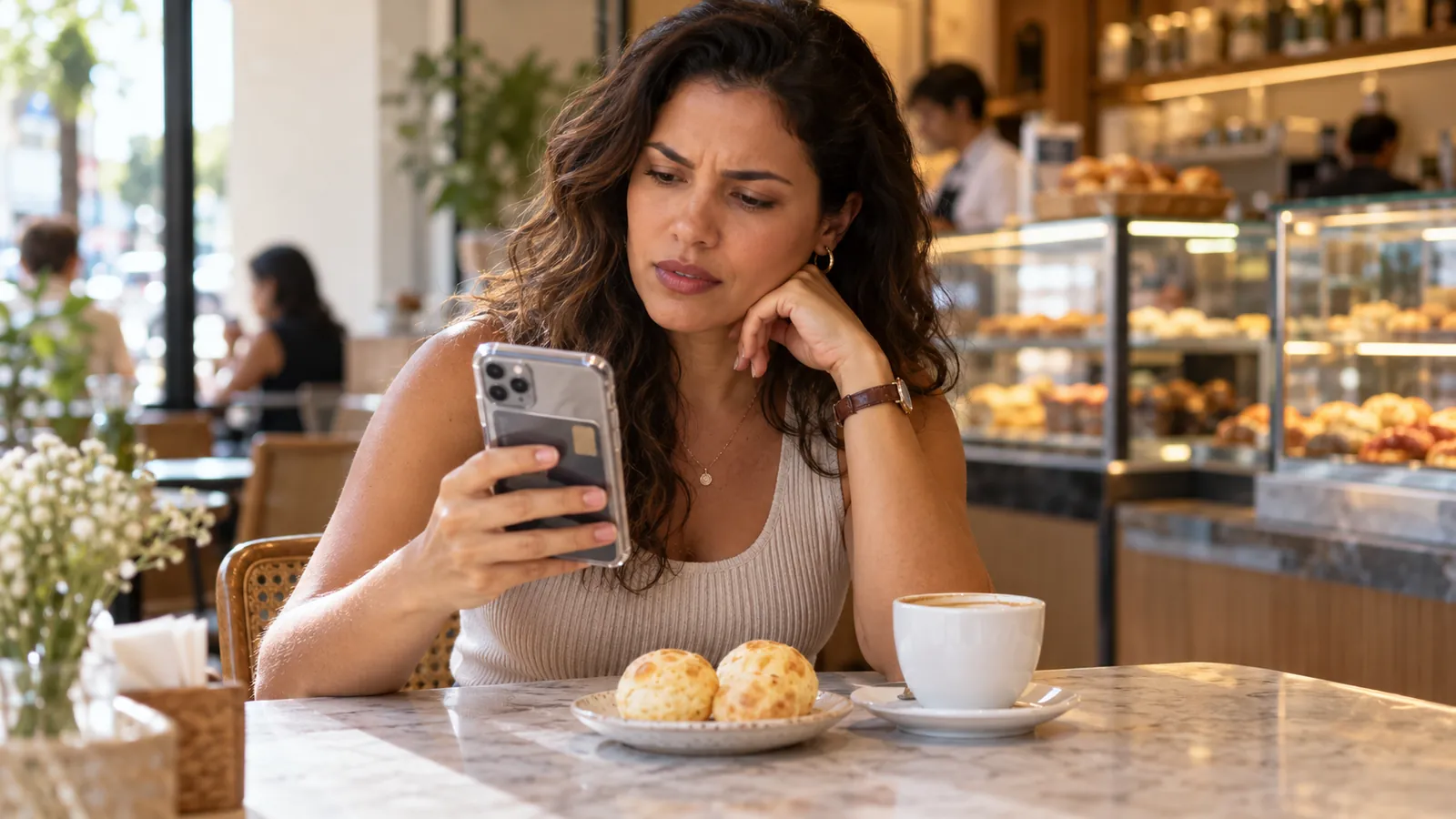 Mulher olhando o celular com um cartão guardado atrás da capinha transparente