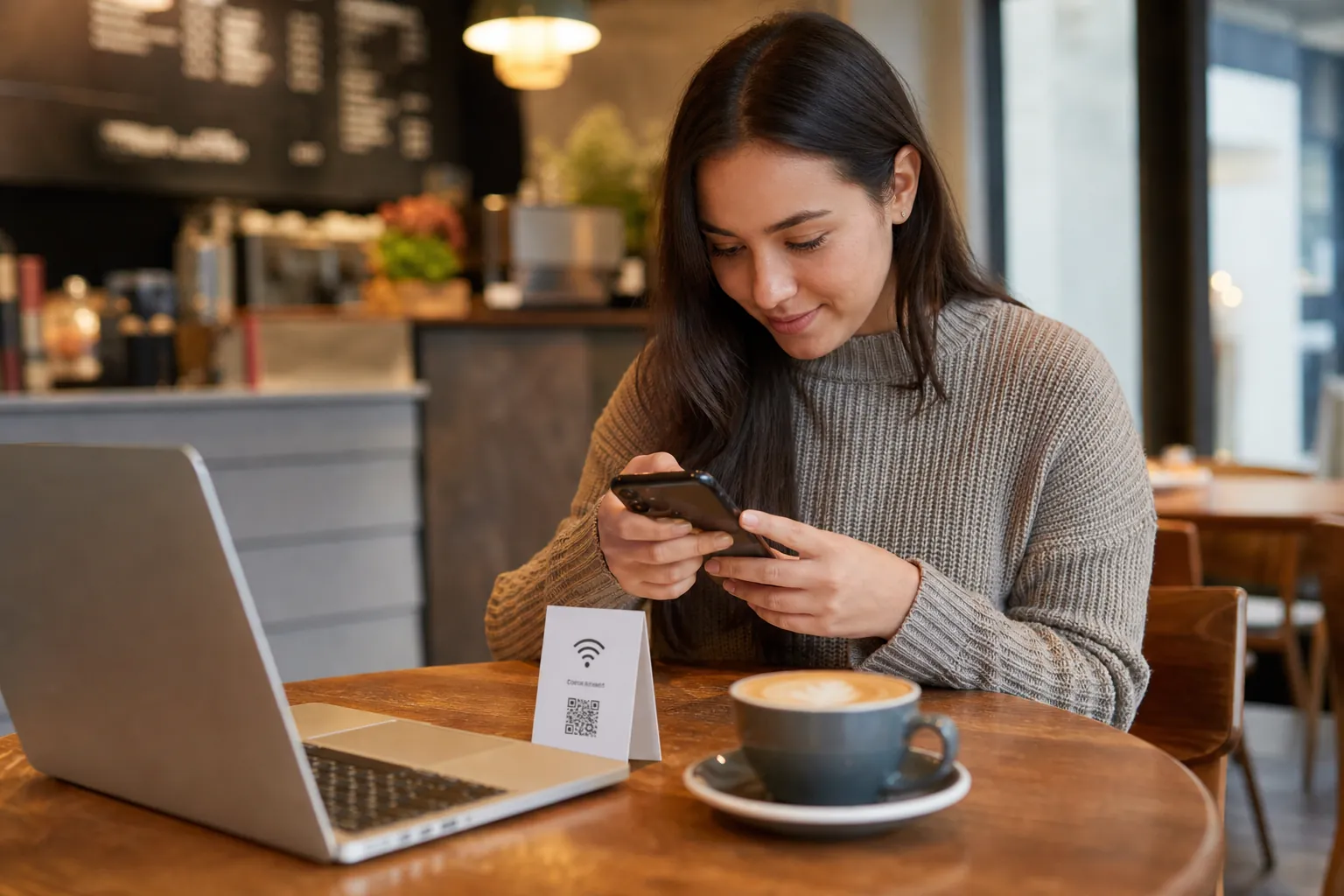 Mulher em uma cafeteria apontando o celular para um QR Code de Wi-Fi na mesa