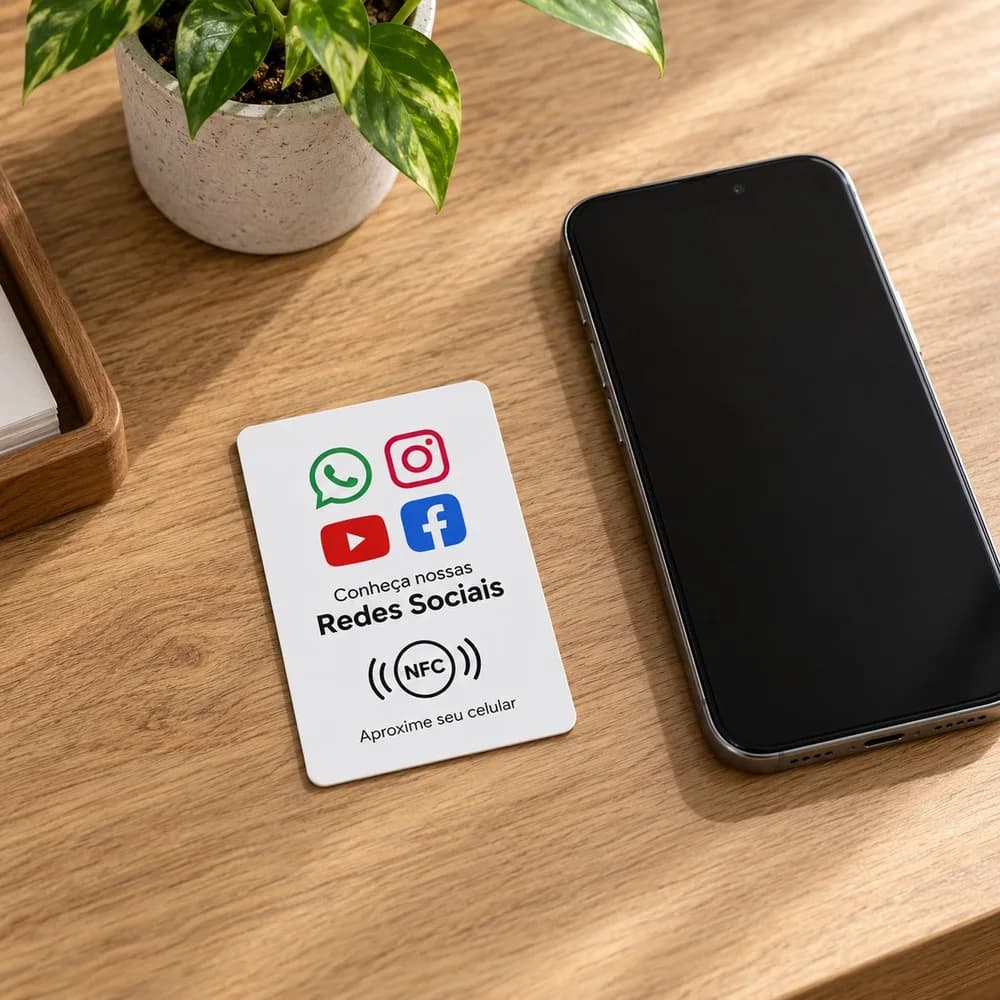 Cartão NFC Redes Sociais sobre a mesa de atendimento ao lado de um celular