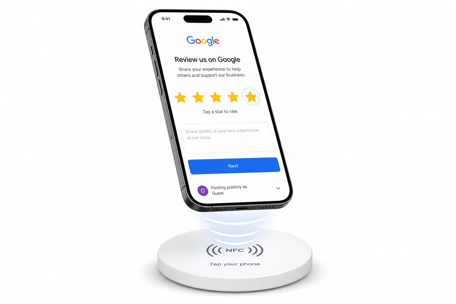 Celular abrindo a tela de avaliação do Google ao tocar a placa NFC