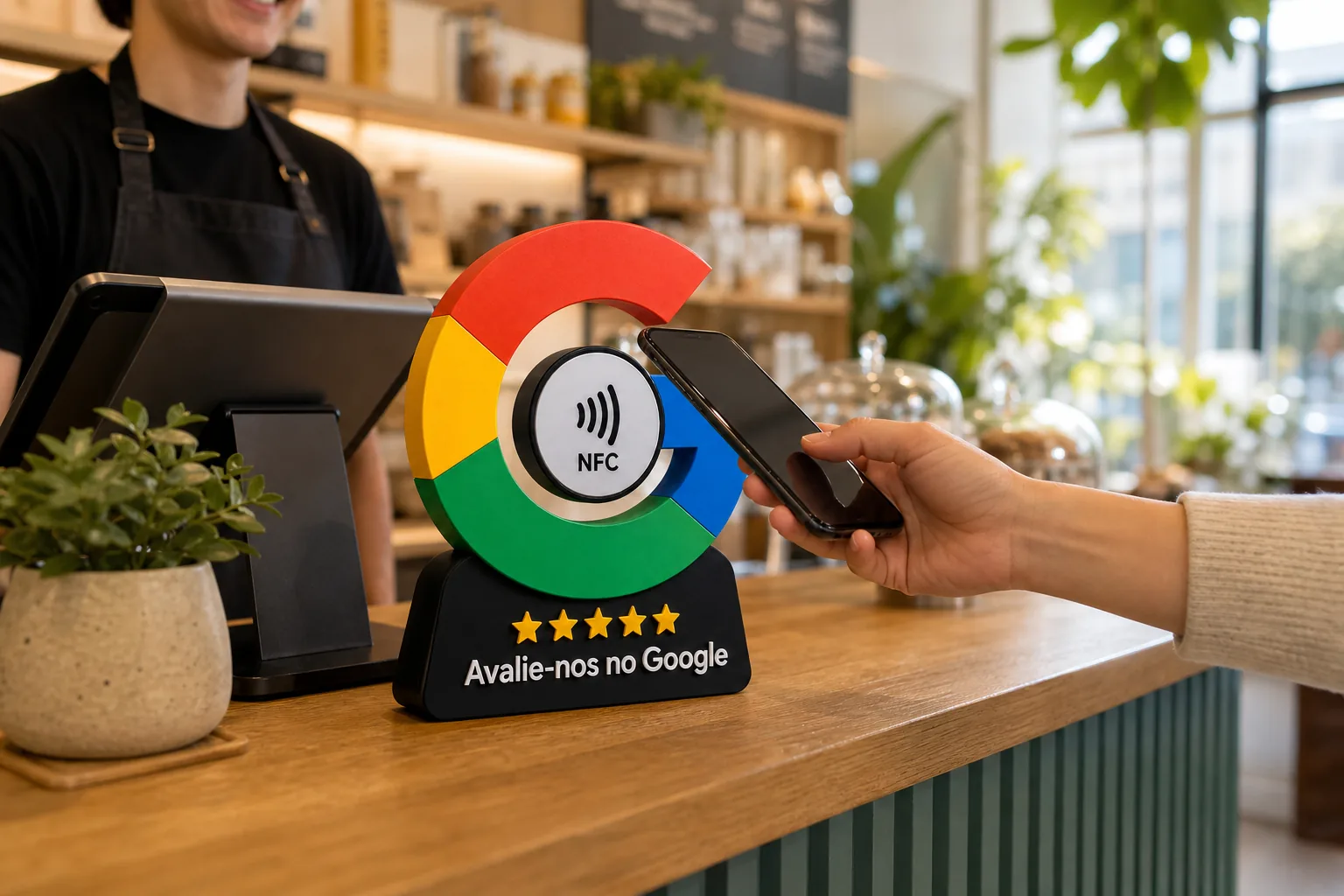Cliente aproximando o celular da placa NFC Google G 3D no balcão de uma cafeteria