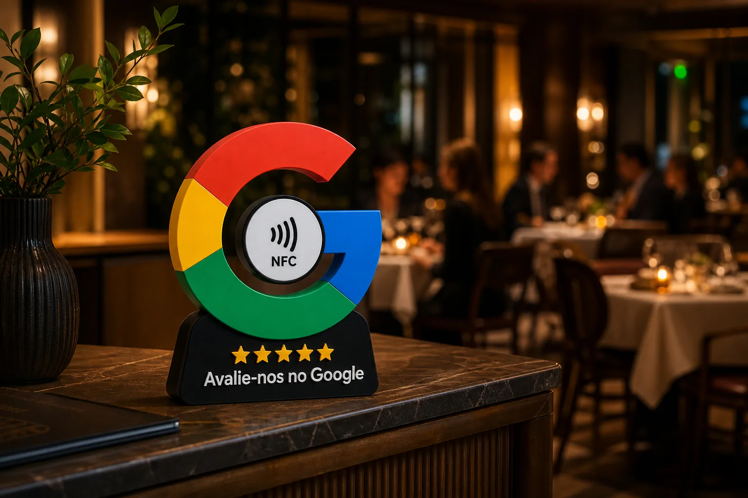 Placa NFC Google G 3D na recepção de um restaurante
