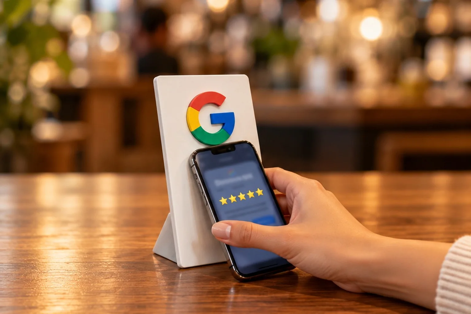 Cliente aproximando o celular de uma placa NFC de avaliação Google no balcão