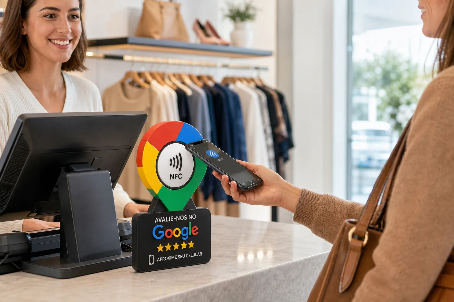 Cliente tocando o celular na placa NFC Google Pin no caixa de uma loja