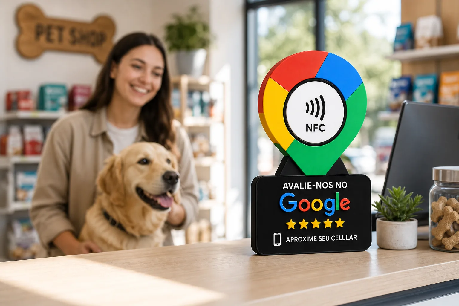 Placa NFC Google Pin de Localização no balcão de um pet shop