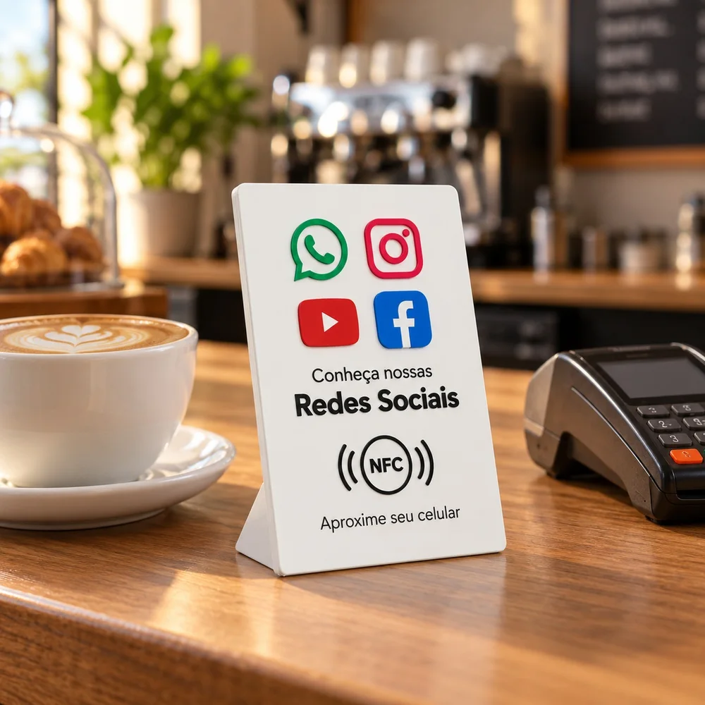Placa NFC Redes Sociais no balcão de uma cafeteria ao lado do café e da maquininha