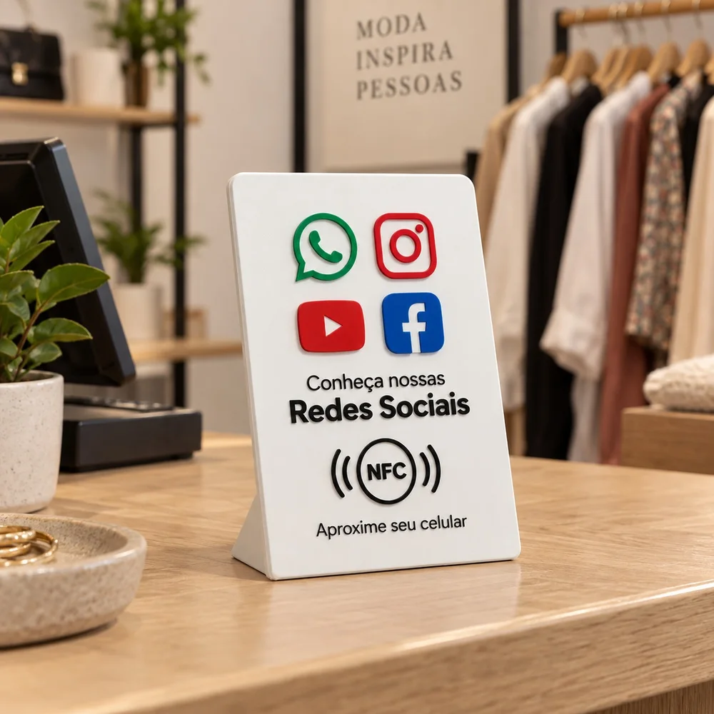 Placa NFC Redes Sociais no caixa de uma loja de roupas
