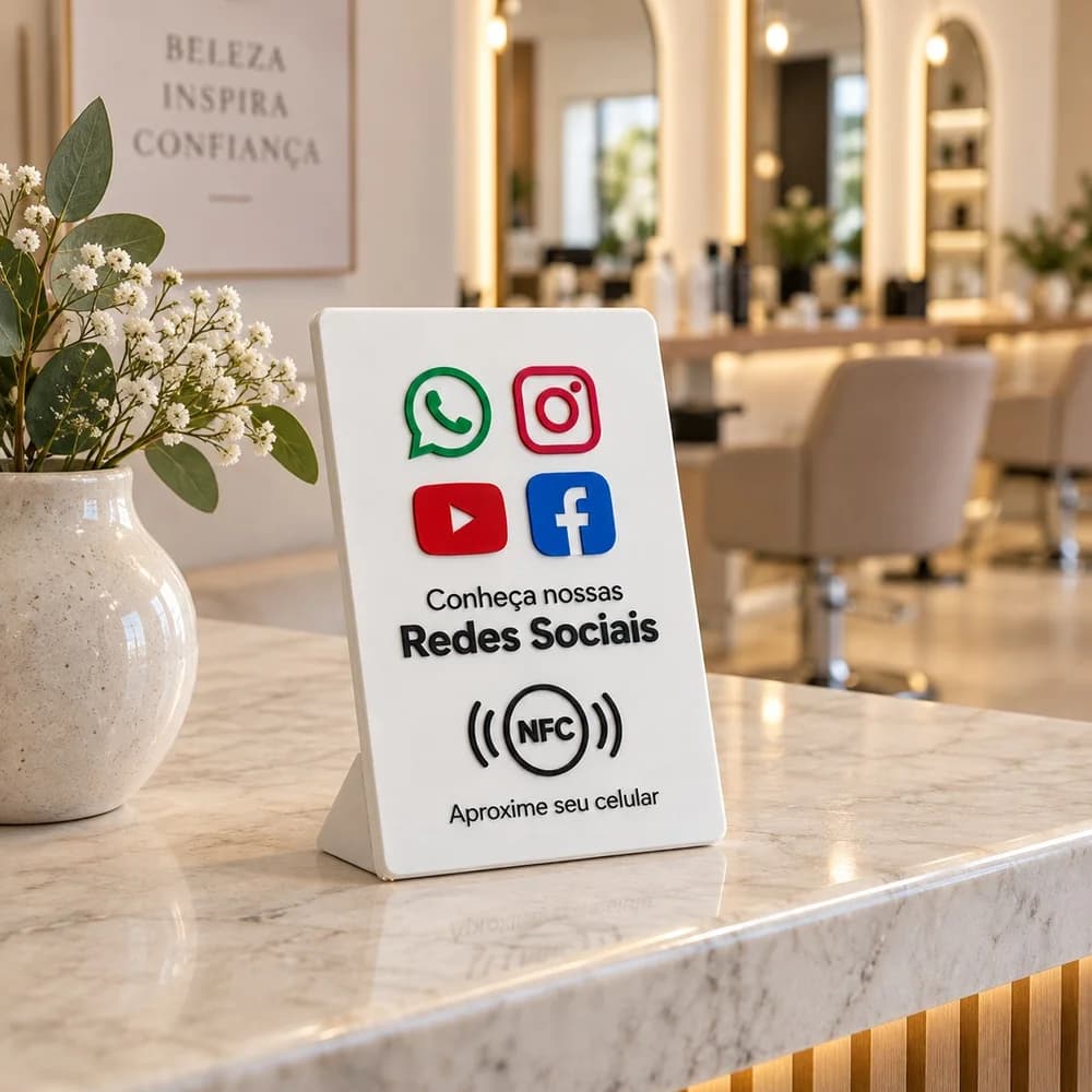 Placa NFC Redes Sociais branca na recepção de um salão de beleza