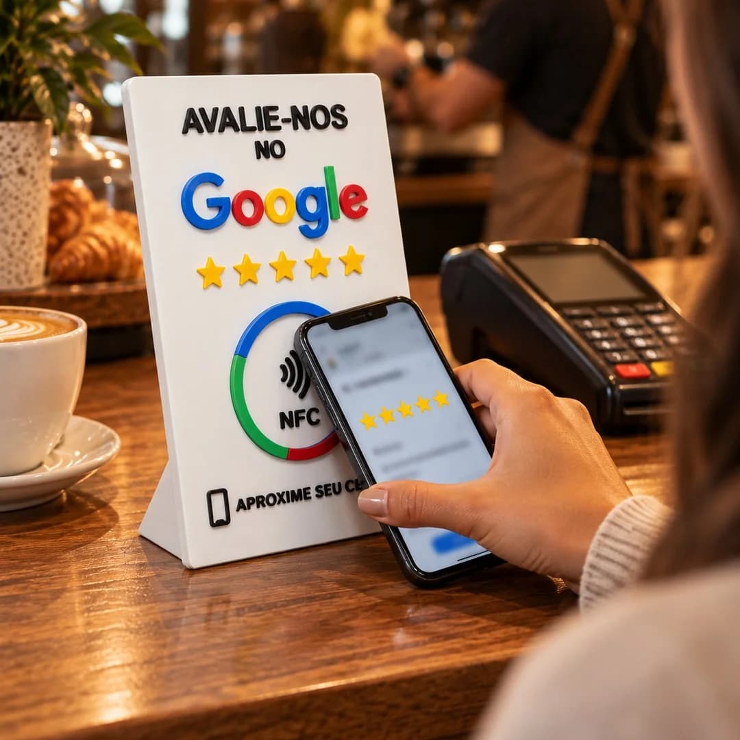 Cliente encostando o celular na placa NFC de avaliação Google