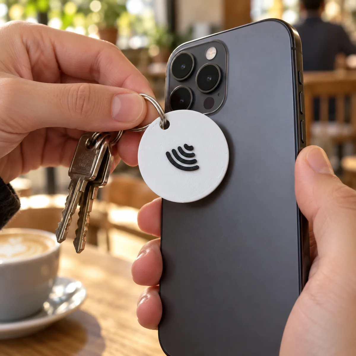 Mão aproximando o Chaveiro NFC branco de um celular para abrir a página de links