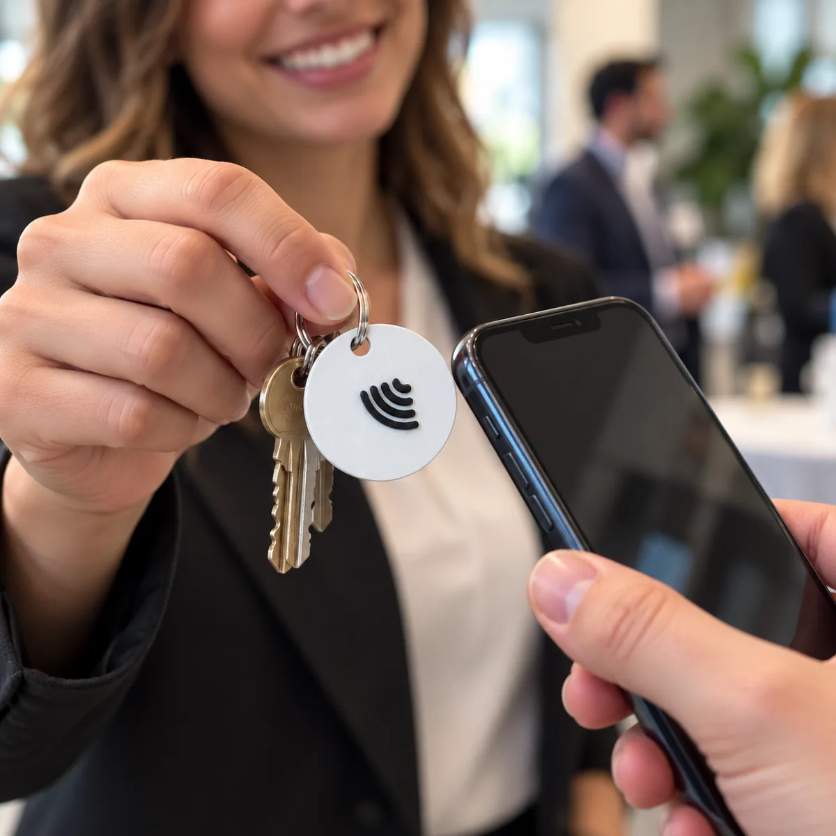 Profissional mostrando o Chaveiro NFC branco para um cliente em uma reunião