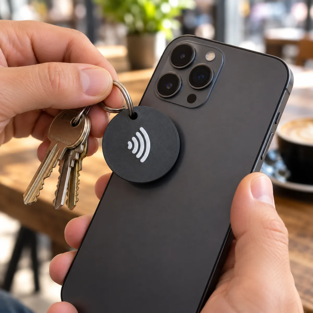 Mão aproximando o Chaveiro NFC preto de um celular para abrir a página de links