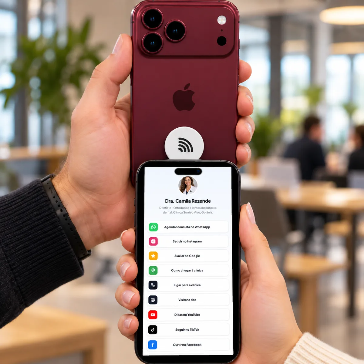 Pessoa encostando o celular na Tag NFC branca colada atrás de outro celular e abrindo a página de links