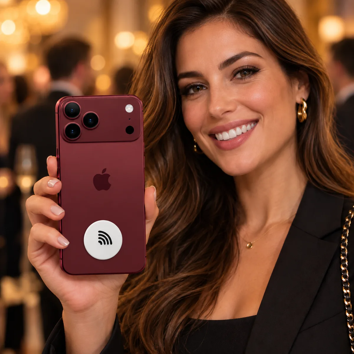 Mulher em um evento mostrando o celular com a Tag NFC branca colada atrás