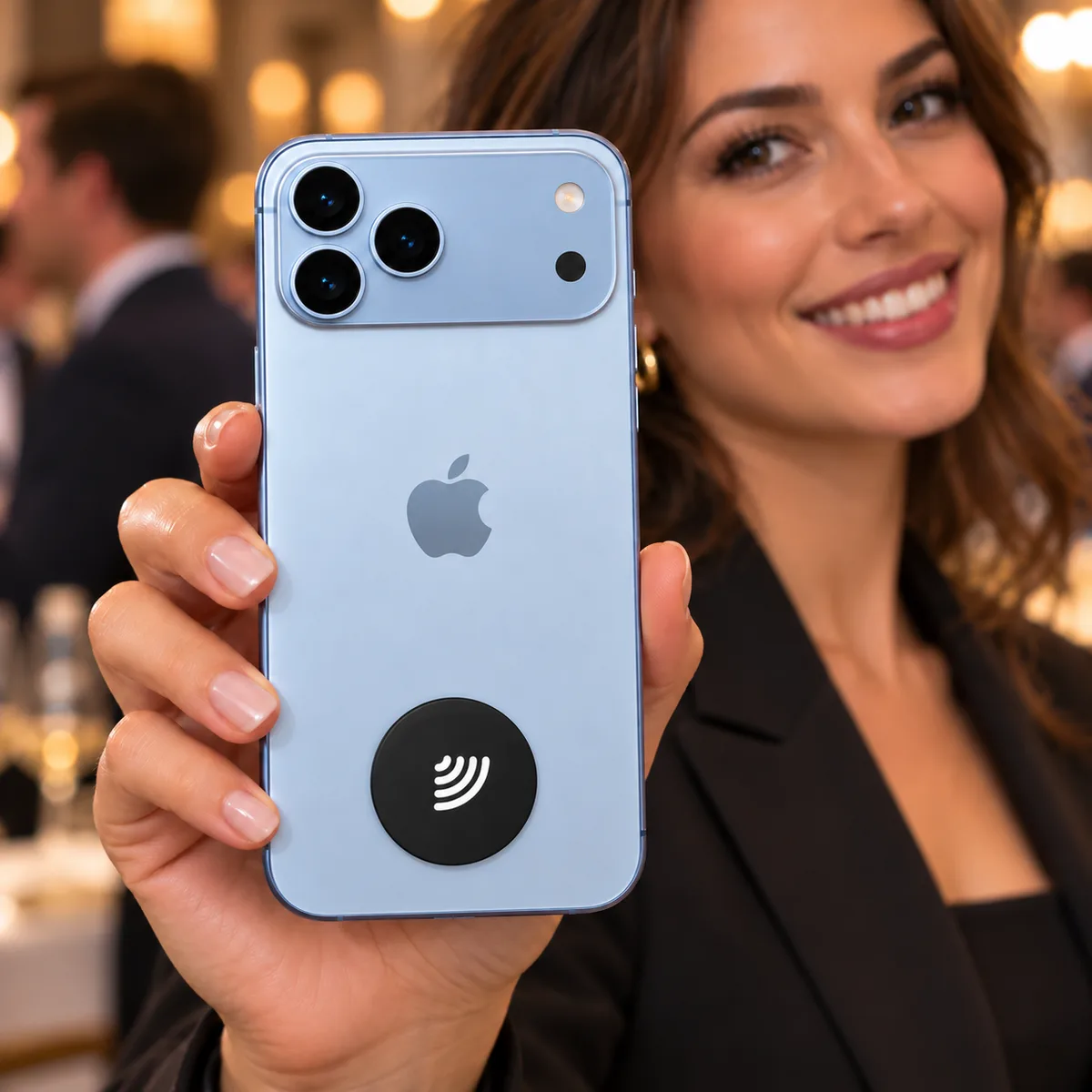Mulher em um evento mostrando o celular com a Tag NFC preta colada atrás