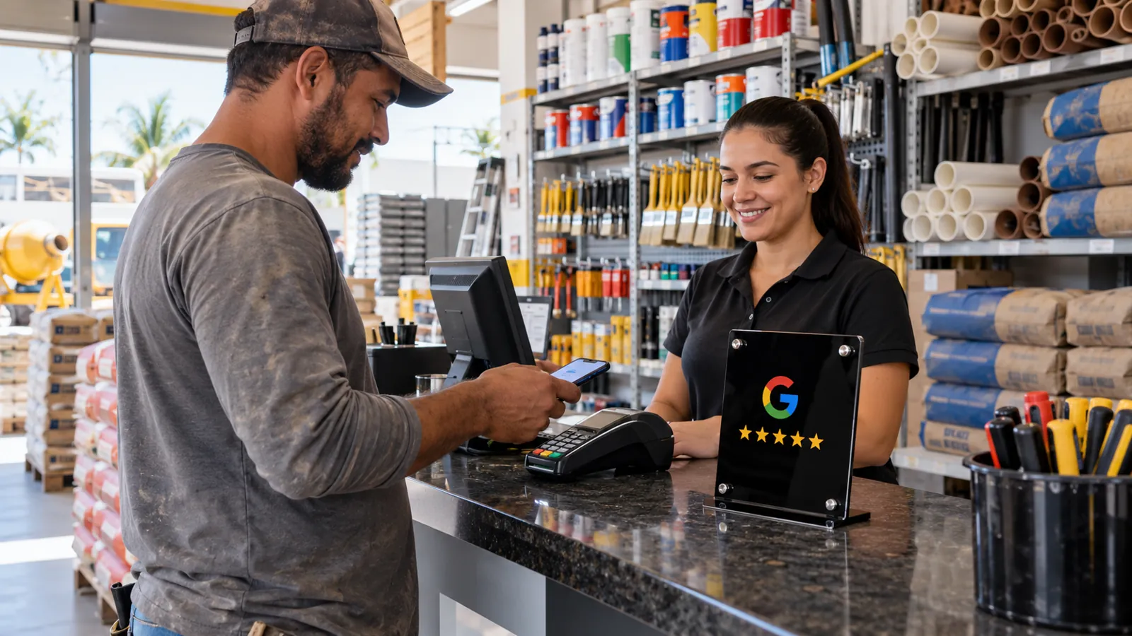 Placa NFC de Avaliação Google para Lojas de Materiais de Construção